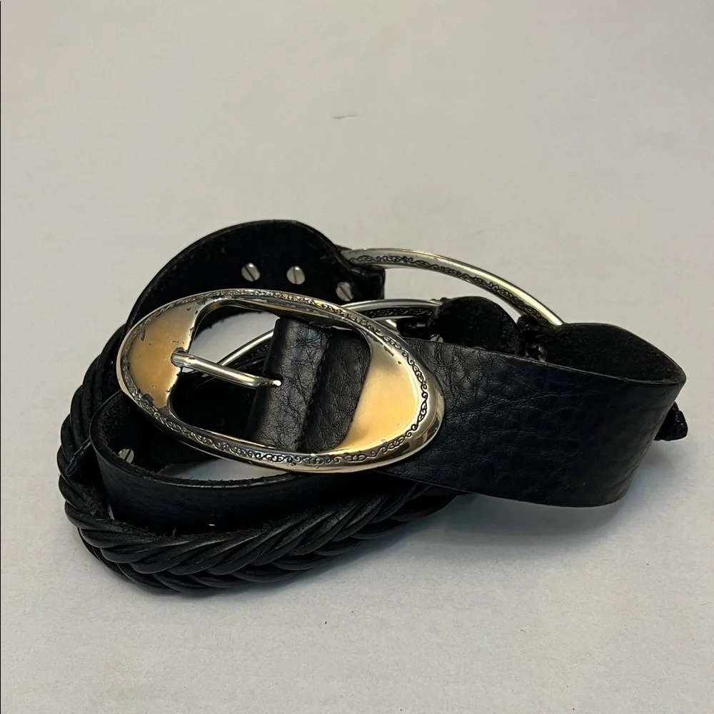 BRIGHTON VINTAGE BRAIDED BLACK LEATHWR BELT WITH SILVER HARDWARE